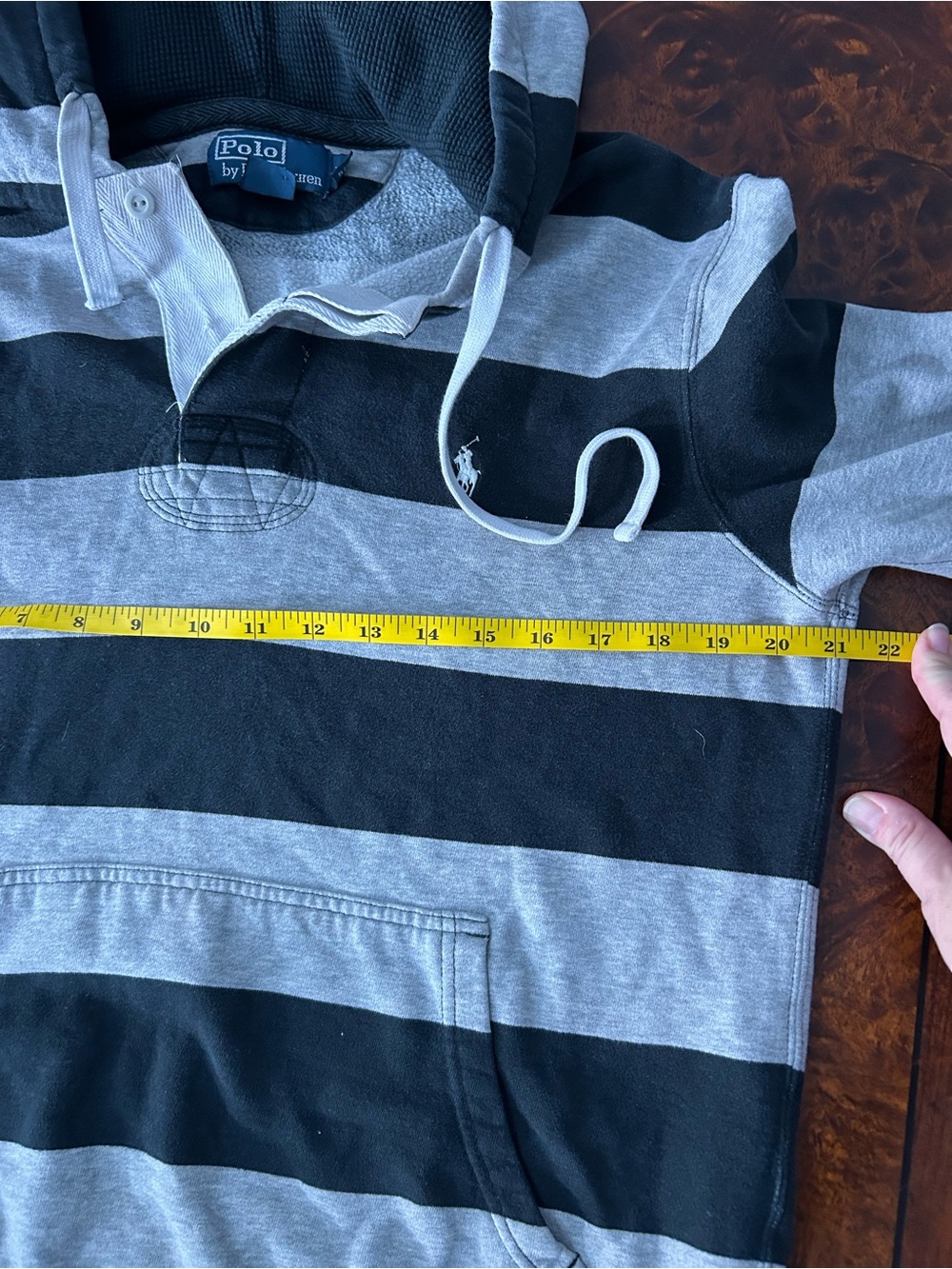 Vintage Polo Ralph Lauren Rugby Hoodie Mens M Black Gray Striped Long Sleeve - Picture 9 of 13